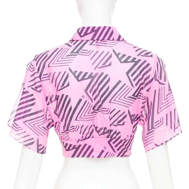 CHANEL 2023 Coco Beach pink cc geometric star graphic button crop shirt FR34
