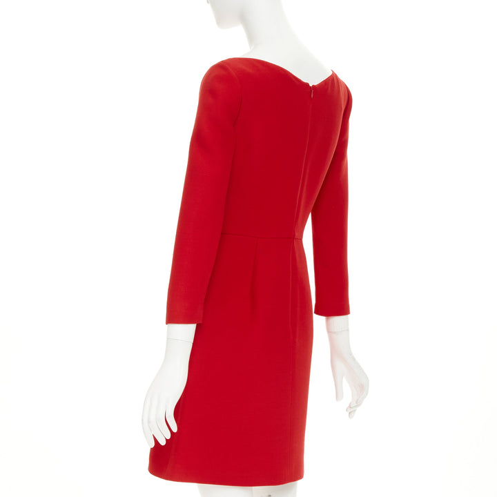 VALENTINO wide V neck structured red wool silk A-line dress IT40 S