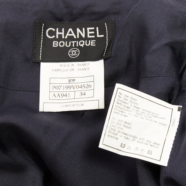 CHANEL 1997 Vintage navy wool high waisted silk lined classic pencil skirt FR34