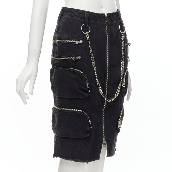 rare FAITH CONNEXION NTMB black denim cotton punk chain multi pockets skirt XS