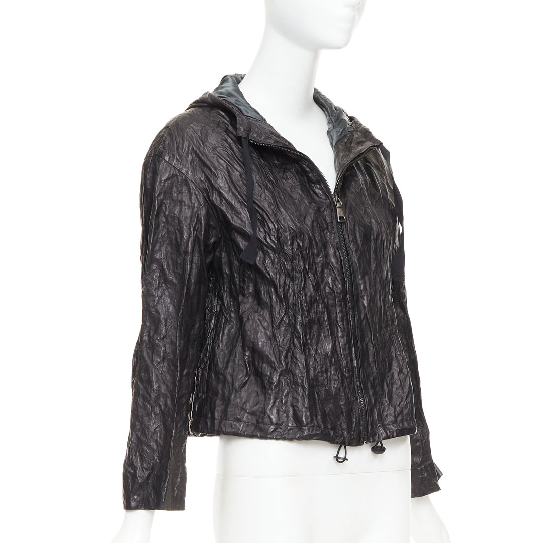 PRADA 2011 Vintage black 100% lambskin crinkled hooded jacket IT36 XXS