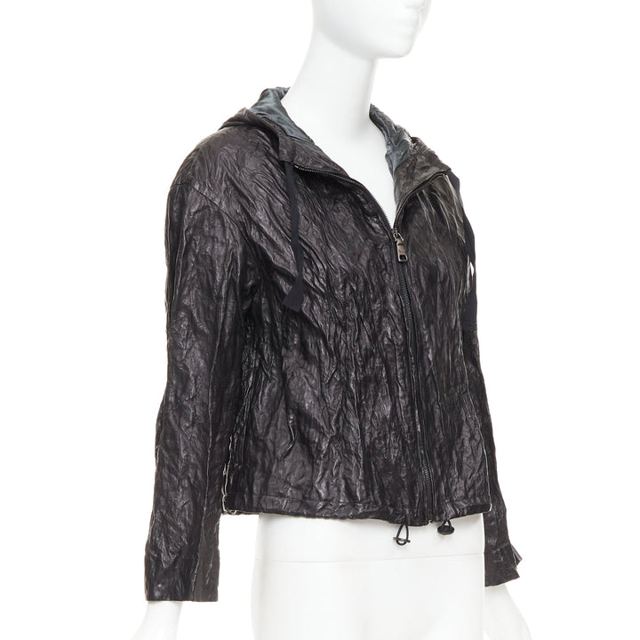 PRADA 2011 Vintage black 100% lambskin crinkled hooded jacket IT36 XXS