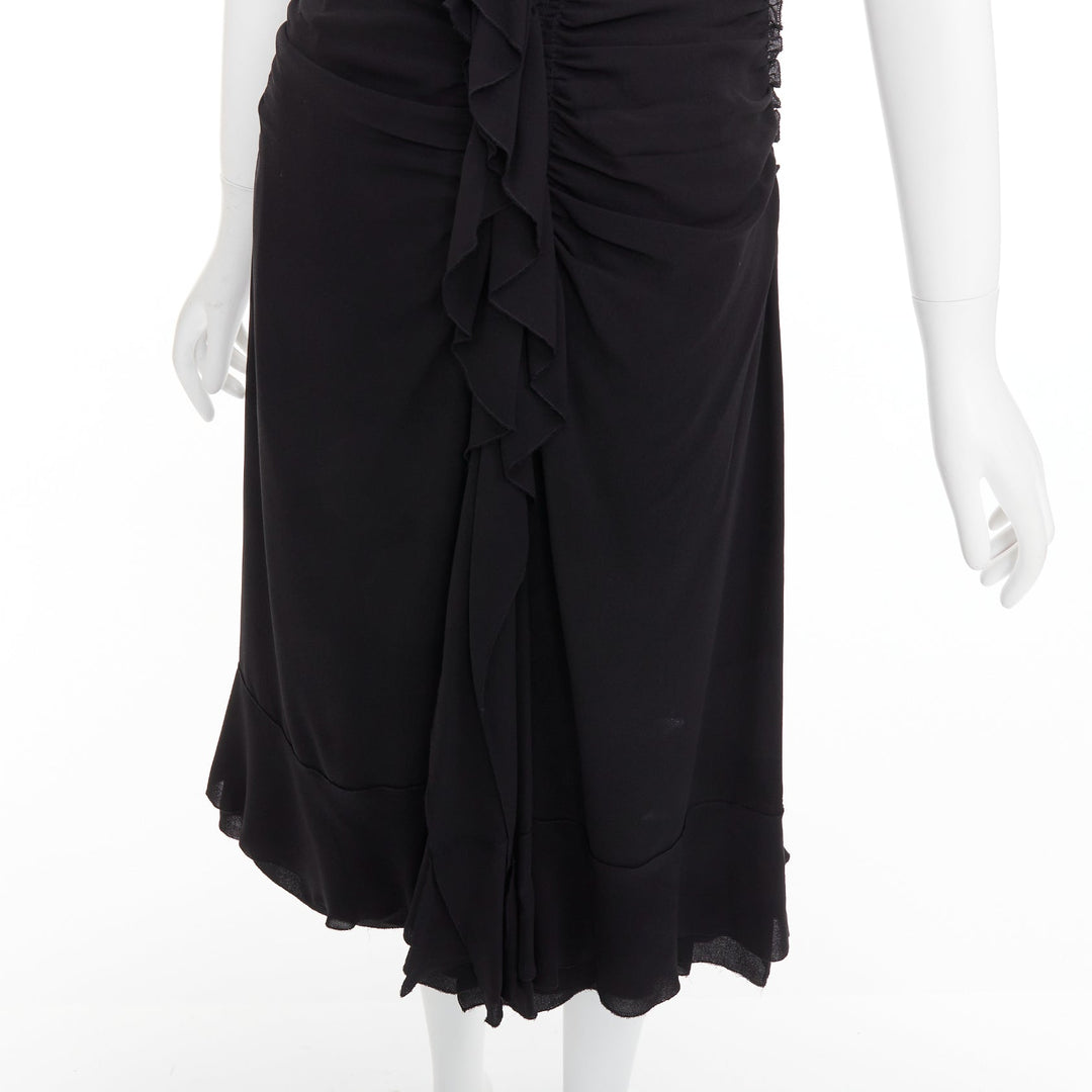 PRADA Vintage black silk ruched ruffle front V neck dress IT44 L
