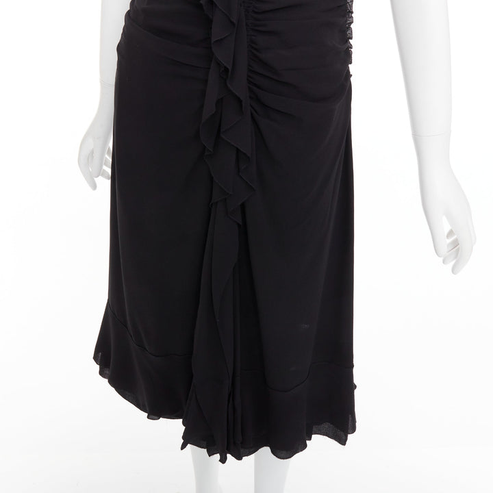 PRADA Vintage black silk ruched ruffle front V neck dress IT44 L