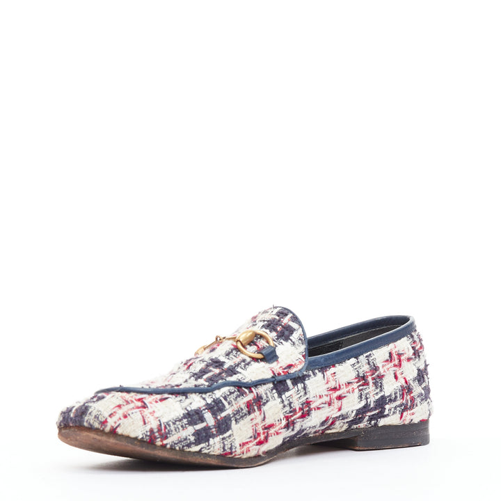GUCCI Jordaan red blue cream tweed gold horsebit checked flat loafers EU37.5