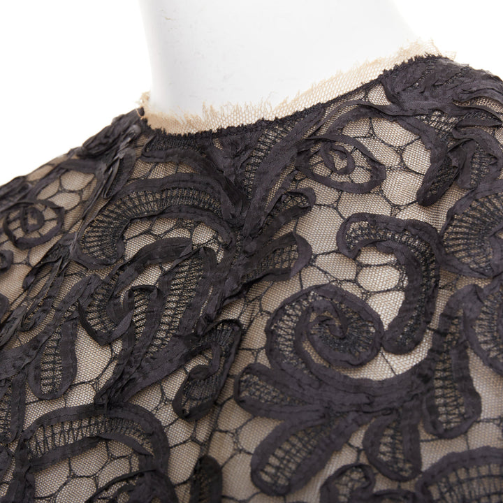 DOLCE GABBANA black nude overlay applique lace crew neck crop top IT40 S