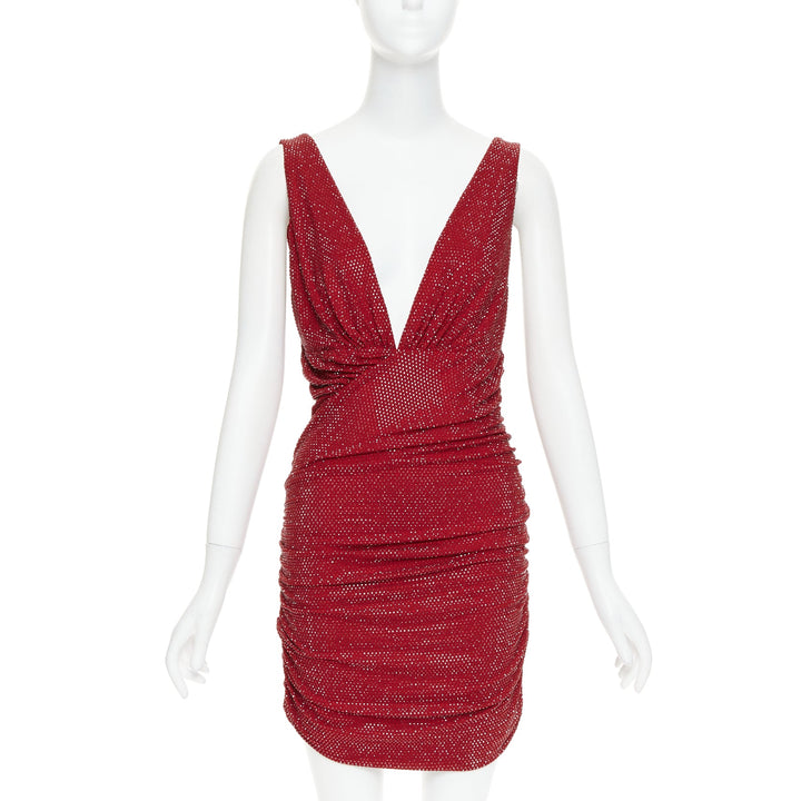 ALEXANDRE VAUTHIER Daring Red crystal stass encrusted plunge mini dress IT40 S