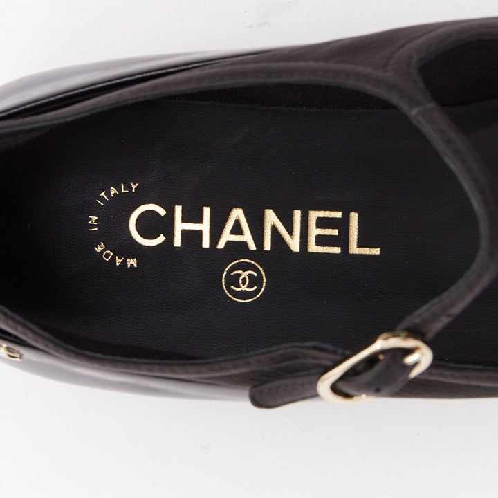 CHANEL 16P G31741 black patent leather silver CC logo mary jane flats EU38