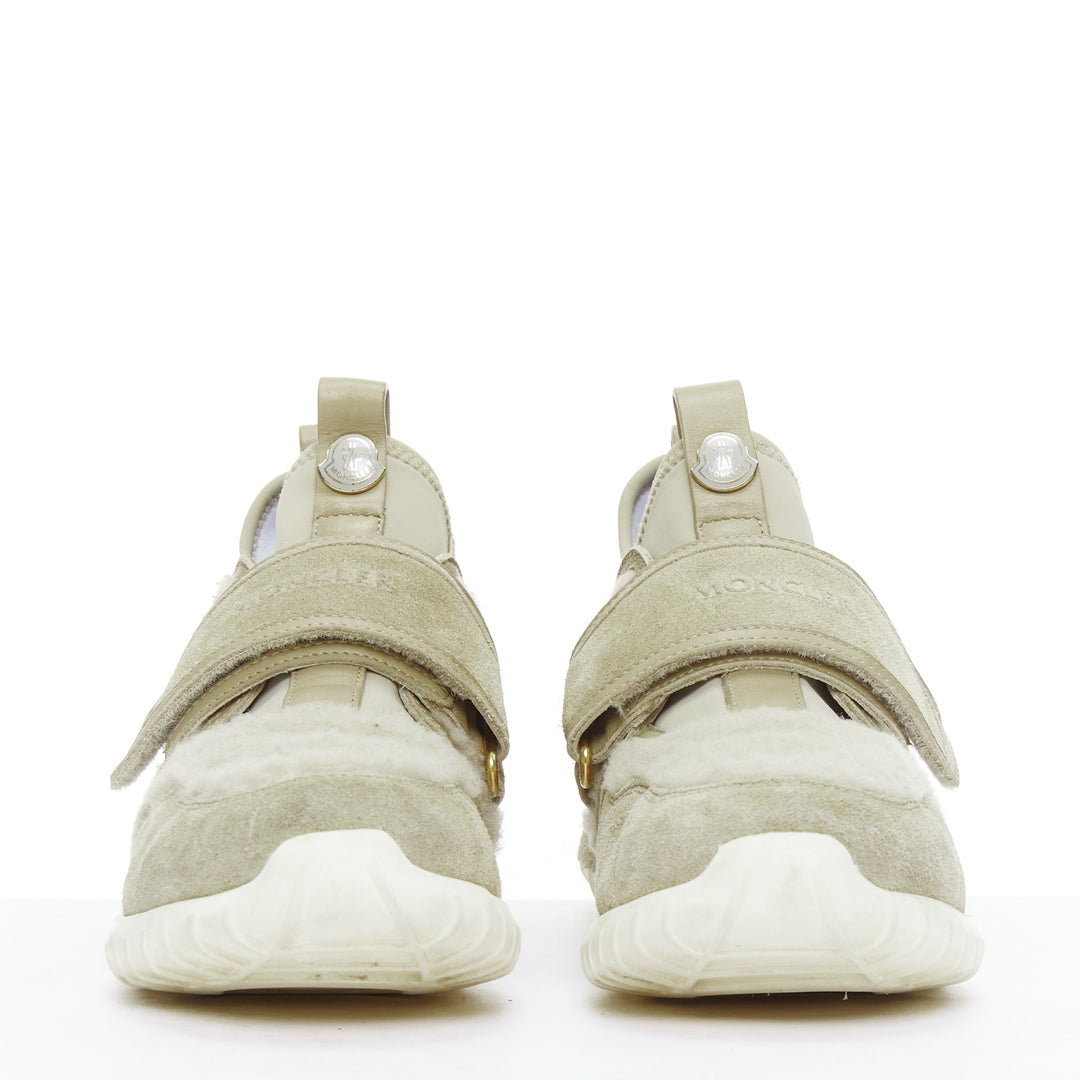 MONCLER stone suede shearling panels logo magic tape sneakers EU38