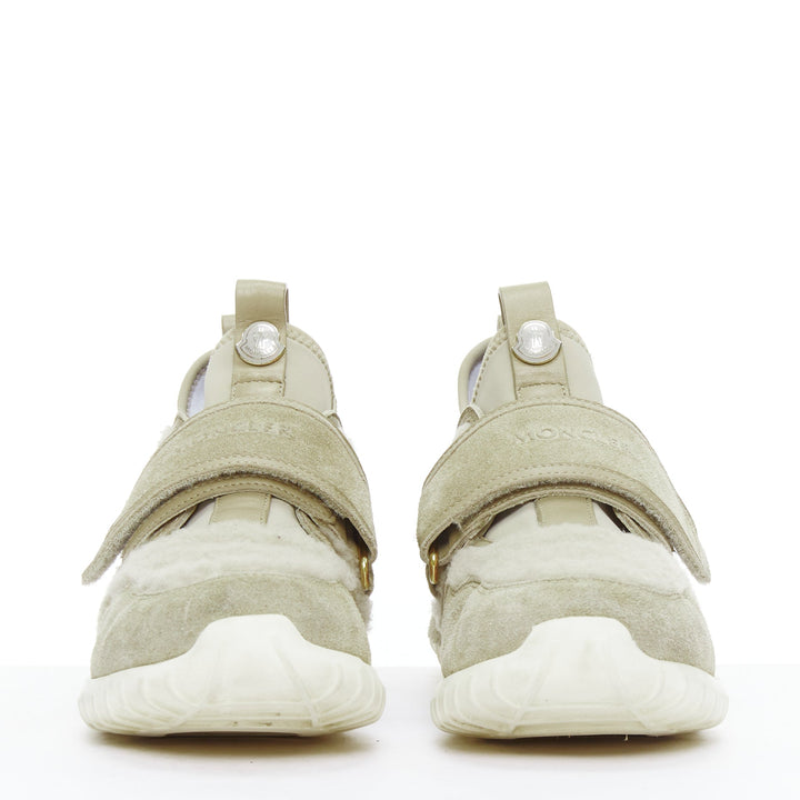 MONCLER stone suede shearling panels logo magic tape sneakers EU38