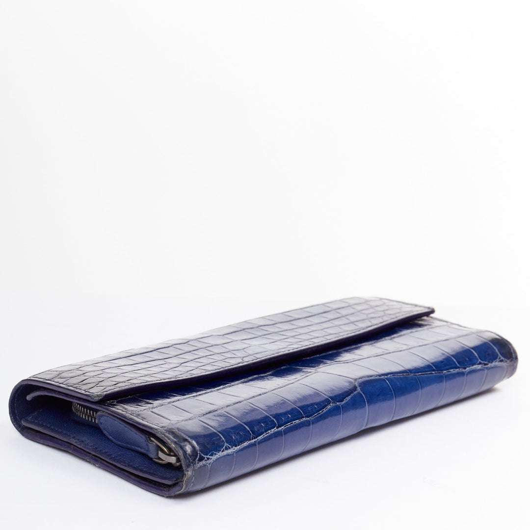 BOTTEGA VENETA blue black ombre genuine scaled leather long flap wallet
