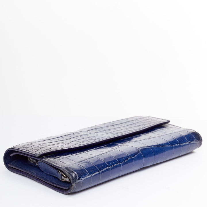 BOTTEGA VENETA blue black ombre genuine scaled leather long flap wallet