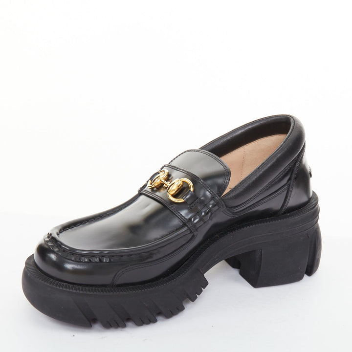 GUCCI Harald black leather chunky signature horsebit lug platform loafers EU37.5