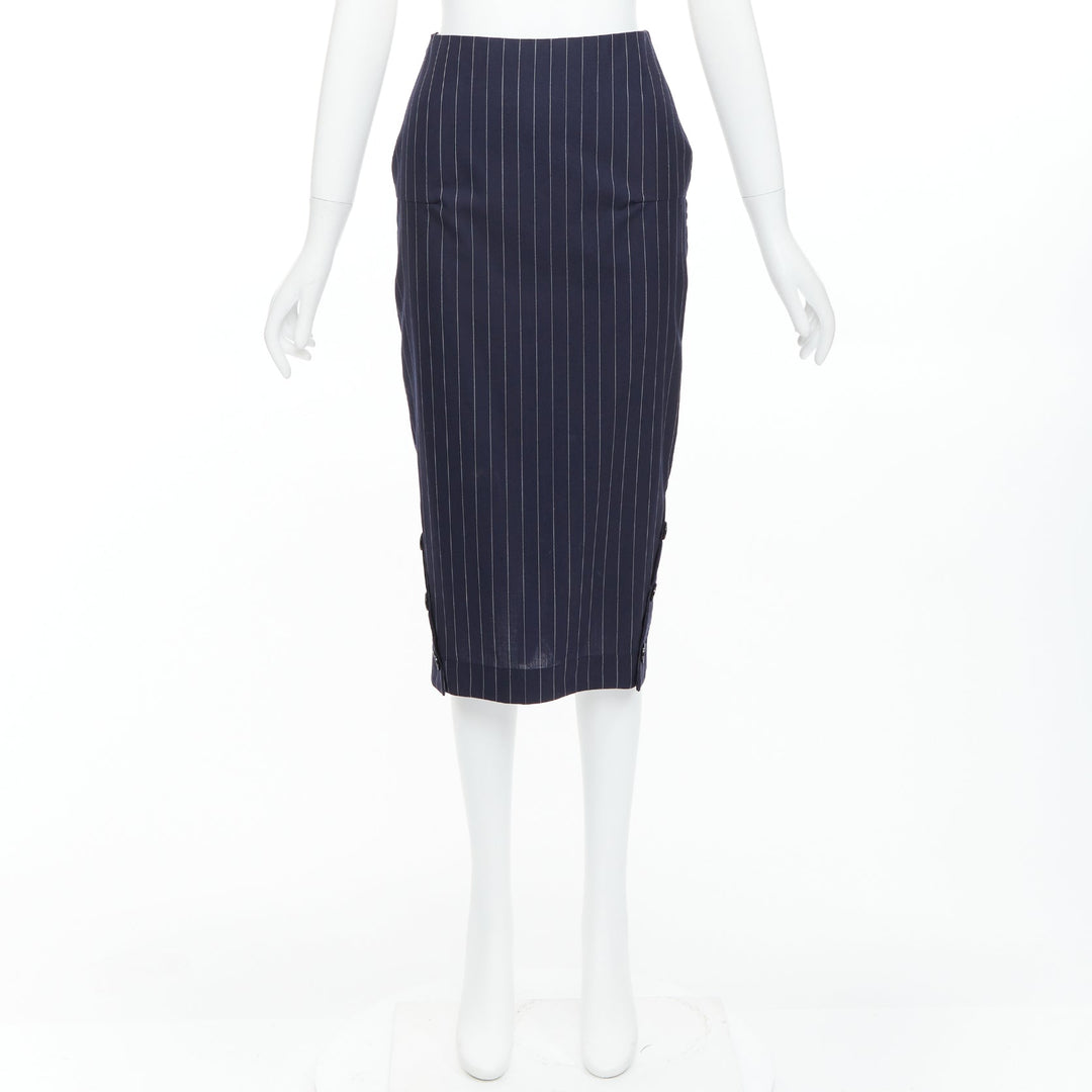 VICTORIA BECKHAM 100% wool navy pinstriped 2-way zip pencil skirt UK6 XS
