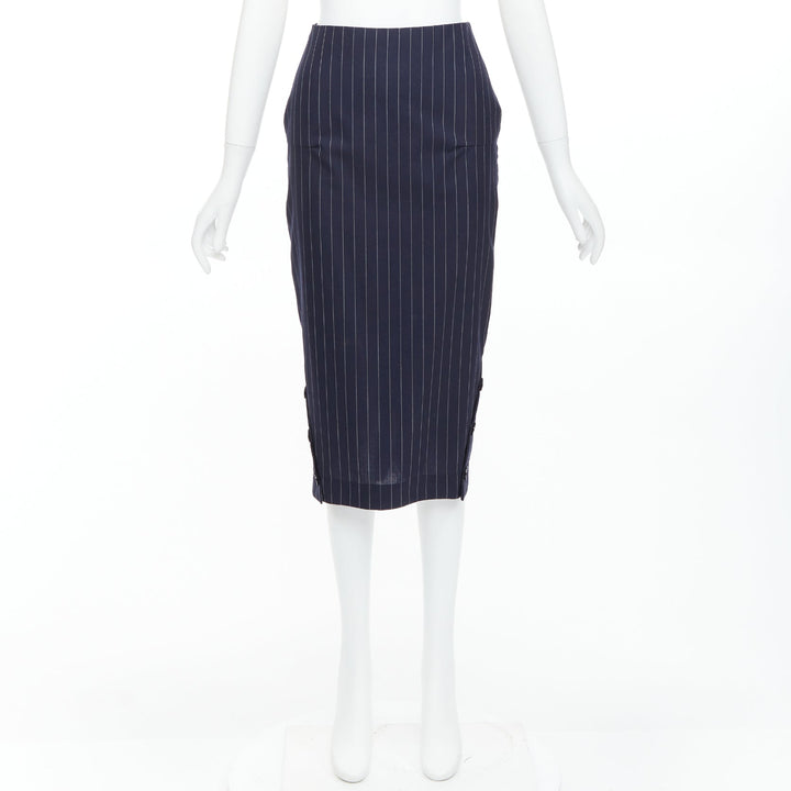 VICTORIA BECKHAM 100% wool navy pinstriped 2-way zip pencil skirt UK6 XS