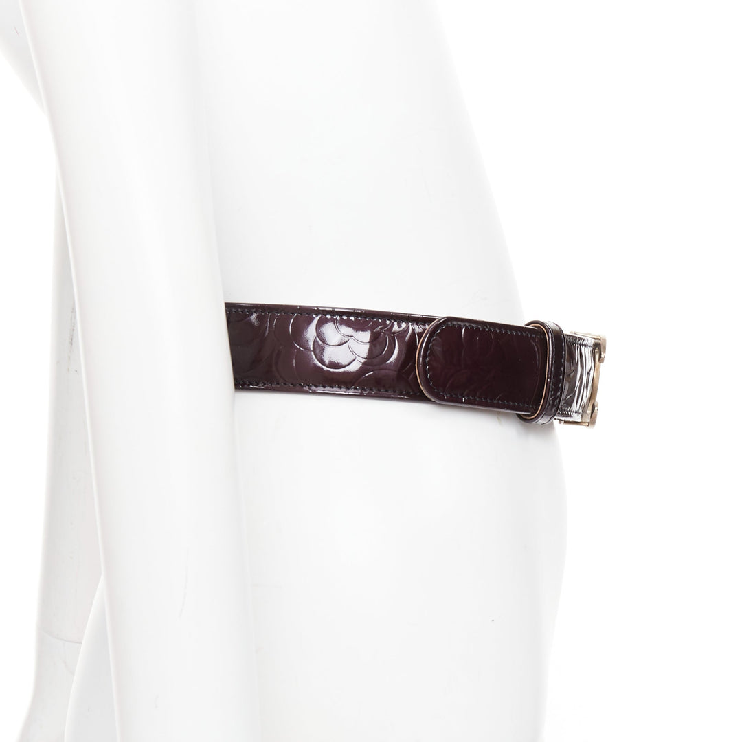 CHANEL black patent leather matte gold-tone CC buckle camellia belt 95cm