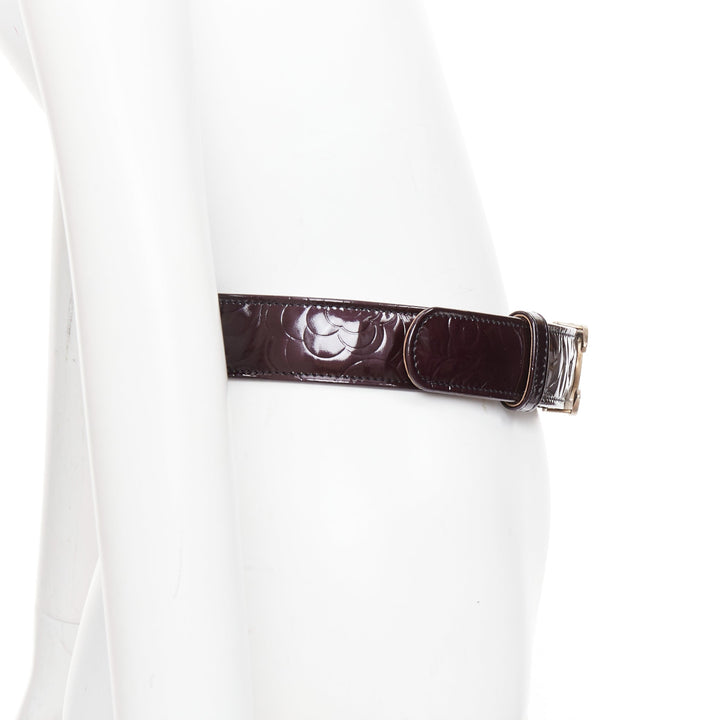 CHANEL black patent leather matte gold-tone CC buckle camellia belt 95cm
