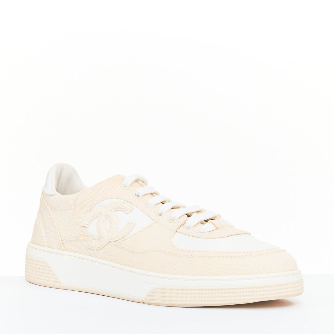 CHANEL 24C CC Canvas Sport Trainer white beige CC quilted sneakers EU38