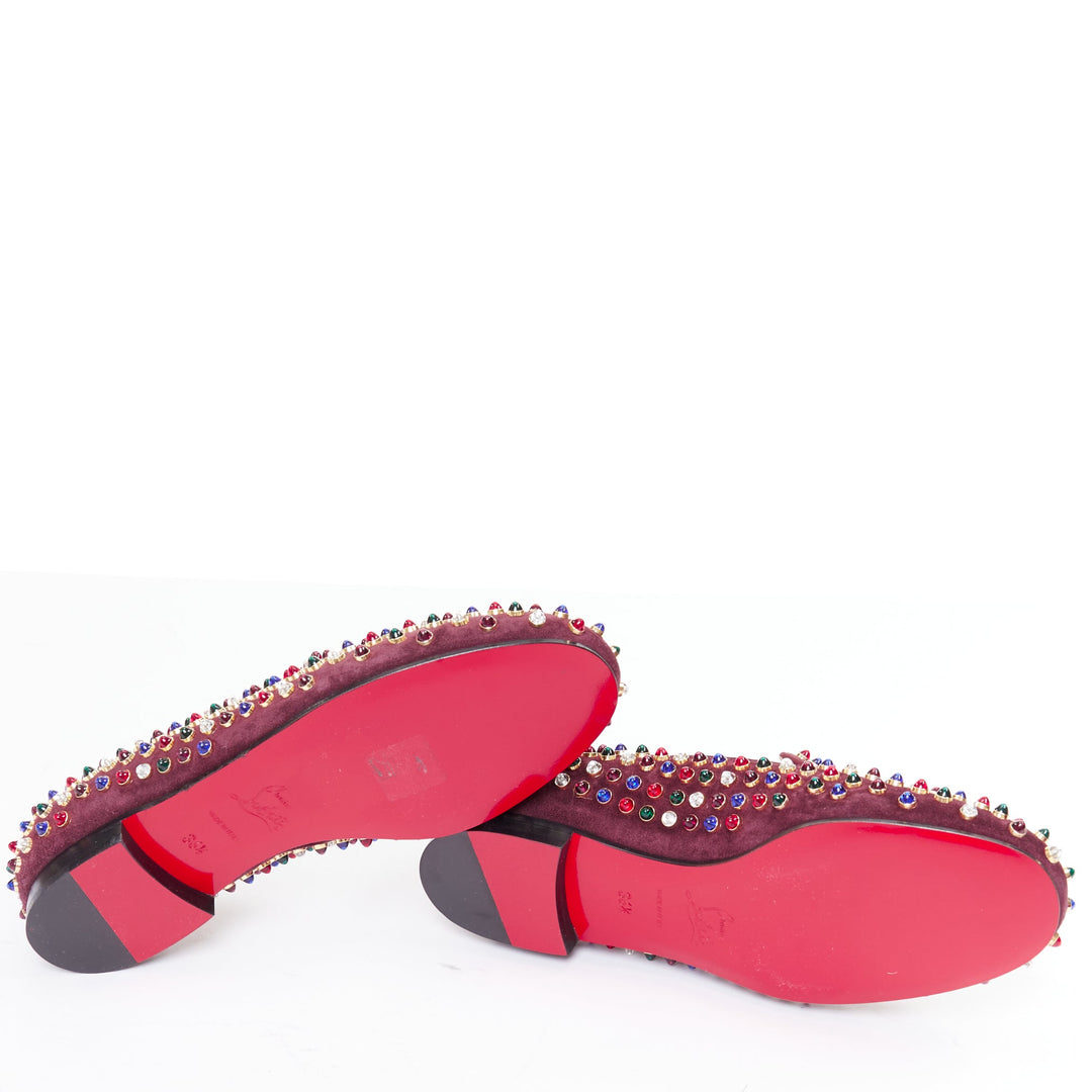 CHRISTIAN LOUBOUTIN burgundy suede jewel tone gripoix stone stud loafers EU36.5