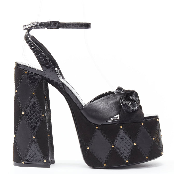 SAINT LAURENT Paige 85 Runway black patchwork stud platform sandals EU37