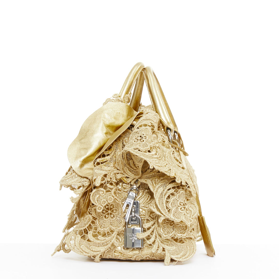 PRADA 2008 Runway Gold Oro Lace Pizzo gold macrame lace bar handle Bowler bag