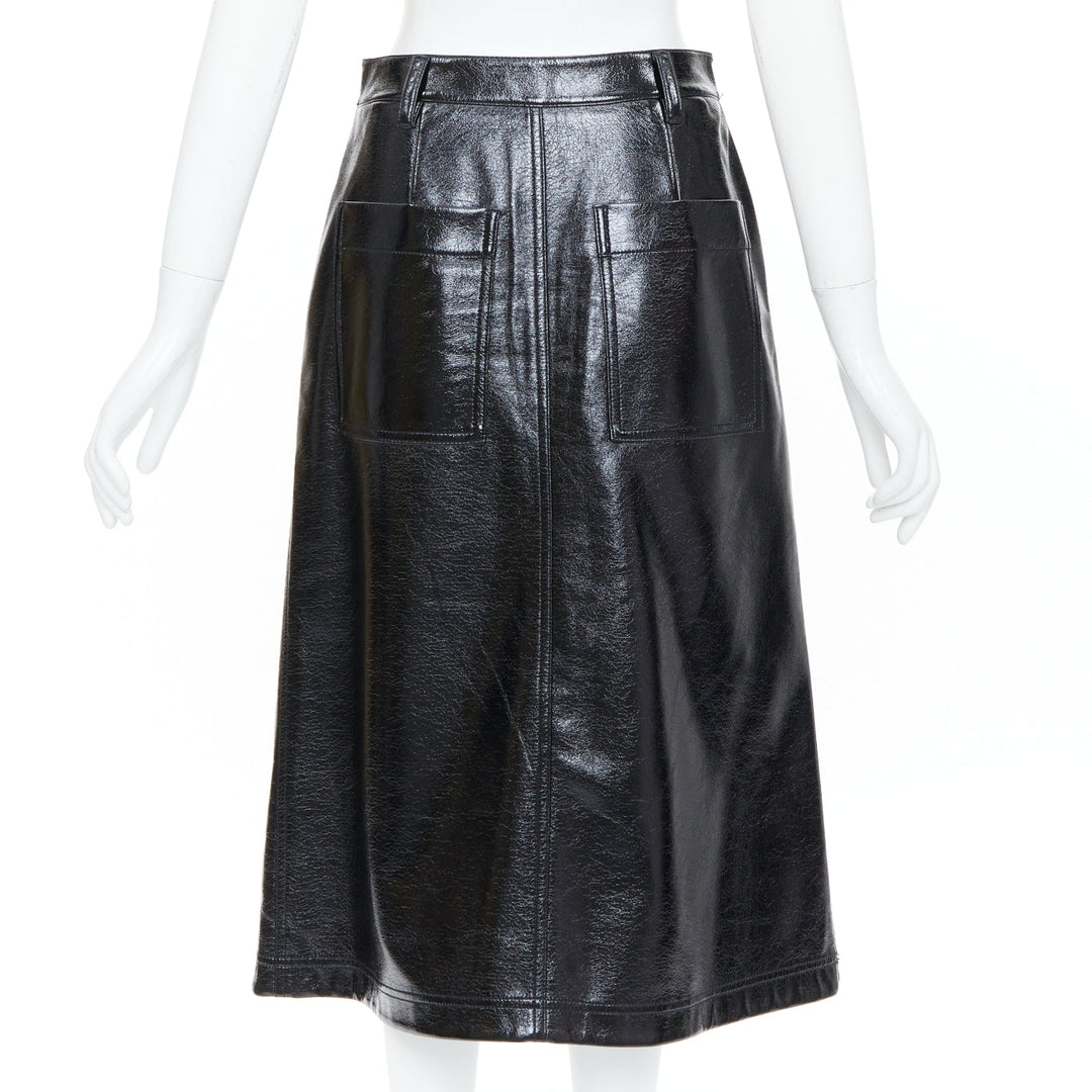 TIBI 2019 glossy black crinkled patent faux leather A-line midi skirt US0 XS