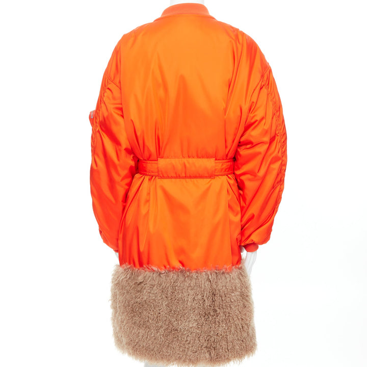 PRADA 2022 Raf Simons Runway orange faux fur hem belted bomber coat M