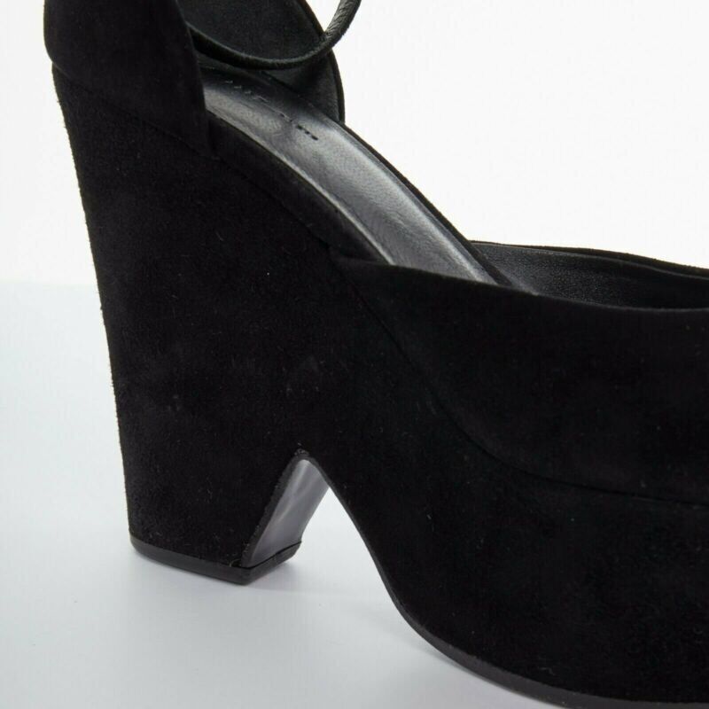 CELINE PHOEBE PHILO black suede cut out platform wedge ankle cuff heels EU36 US6