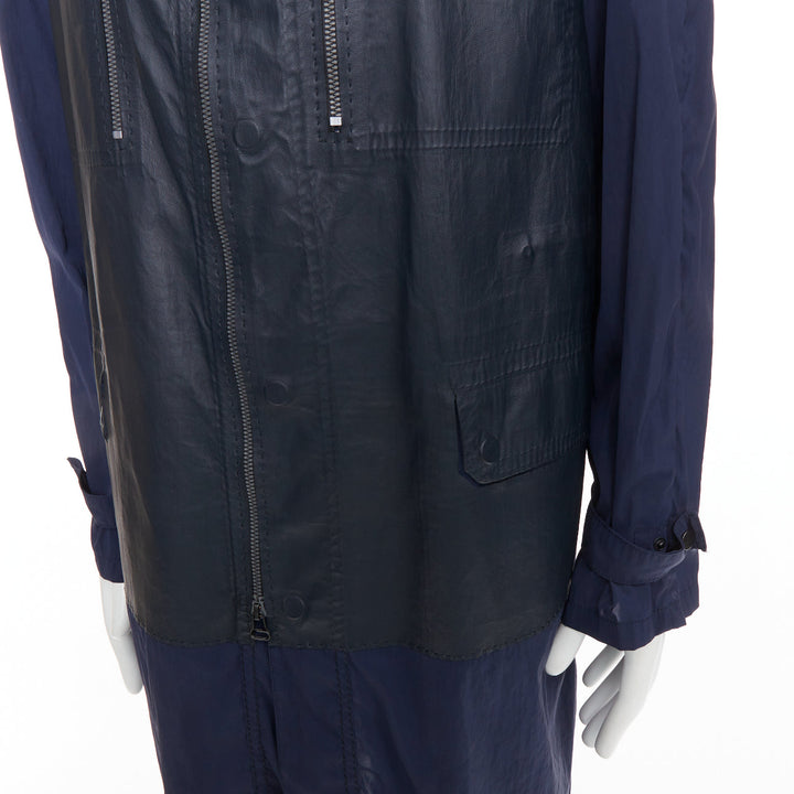 LANVIN black leather panels navy lightweight nylon anorak coat FR48 M