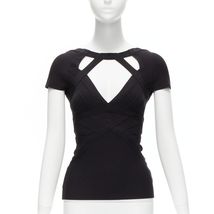 HERVE LEGER black V neck cut out chest cap sleeve bodycon bandage top XS