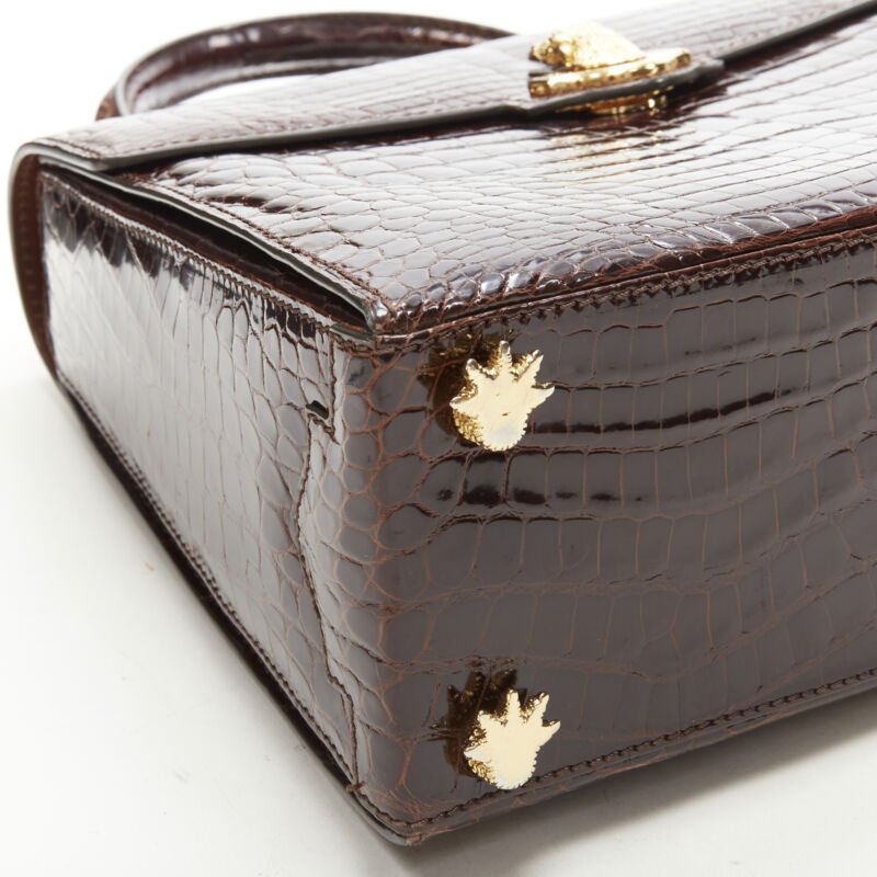 KWANPEN brown polished gold scaled leather hardware crossbody satchel bag