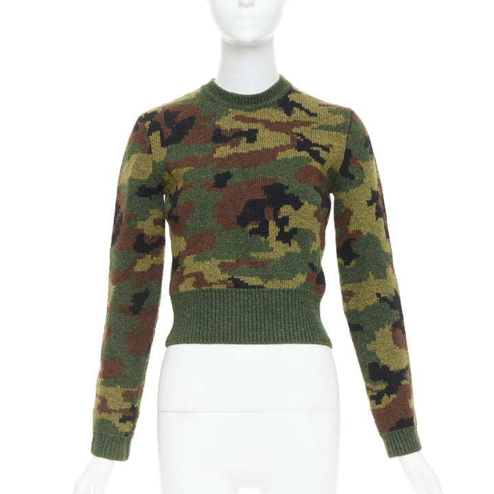 MIU MIU 2019 green brown wool camouflage cropped sweater pullover IT36 XXS