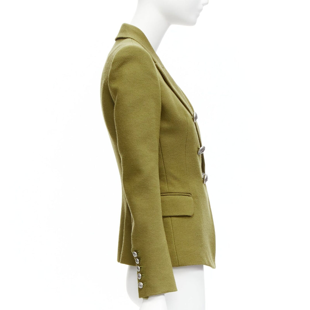 BALMAIN green silver lion button double breasted military blazer jacket FR38 M