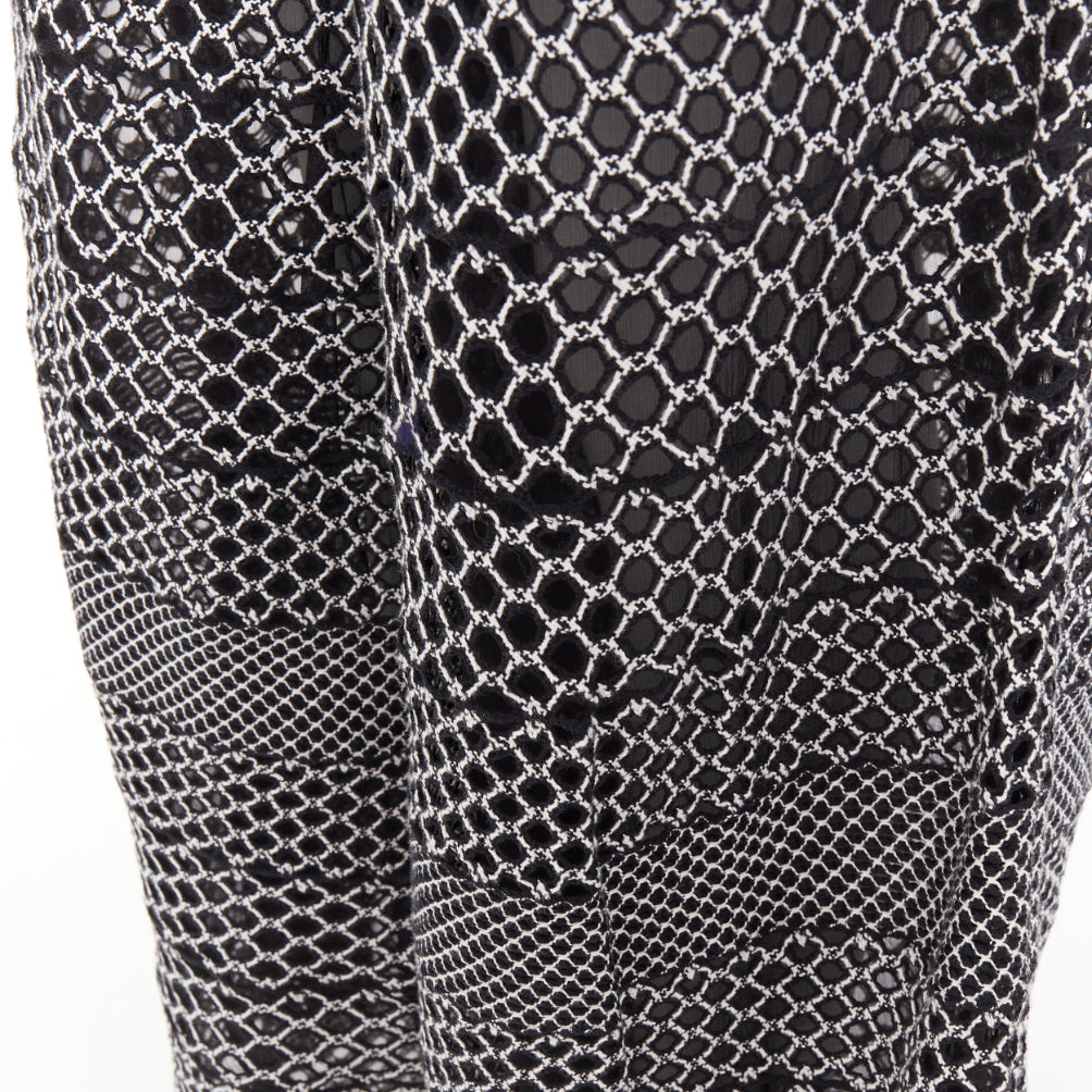 CHANEL black white geometric honeycomb guipure crochet knit wide pants FR42 XL