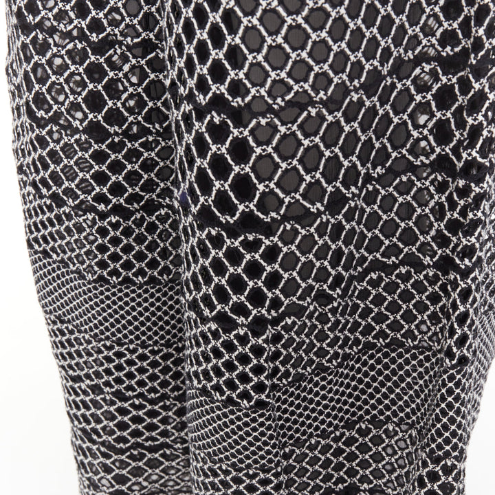 CHANEL black white geometric honeycomb guipure crochet knit wide pants FR42 XL