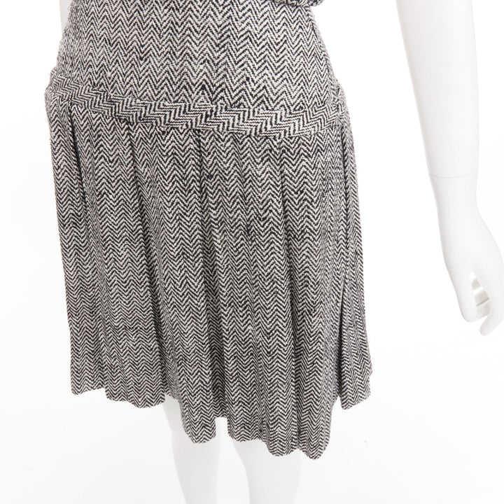 RODARTE Vintage grey Trompe loeil Herringbone silk pleated mini dress US4 S