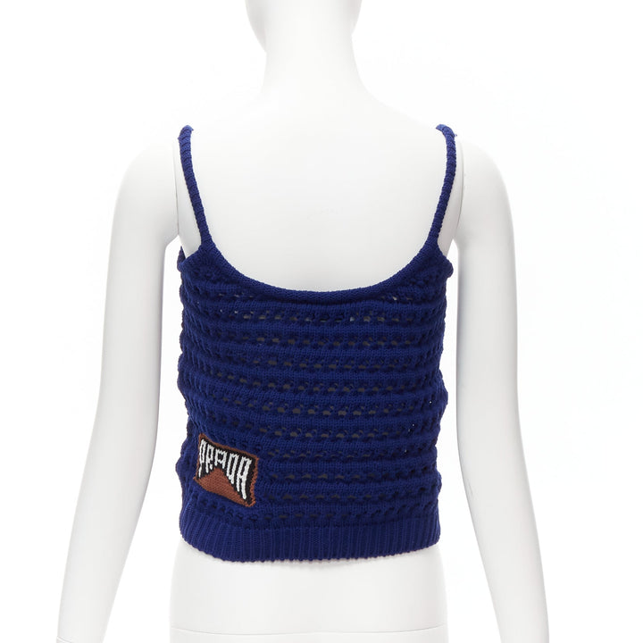 PRADA 2018 blue brown black logo crochet knit cropped tank top IT36 XXS