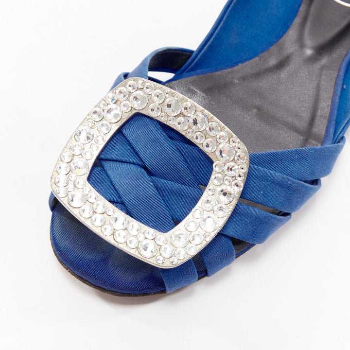 ROGER VIVIER blue satin crystal square buckles woven front pep toe flats EU34.5