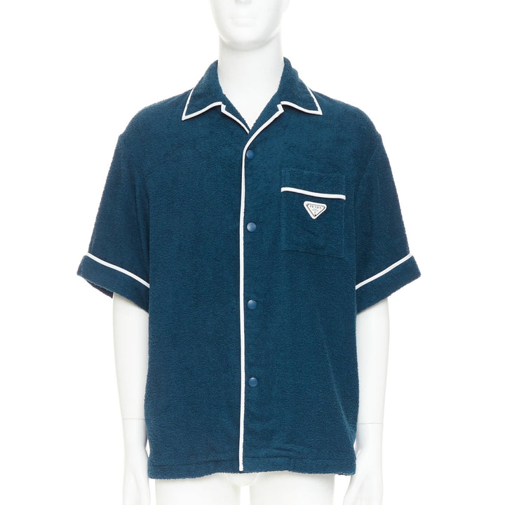 PRADA 2021 navy blue white terry cloth toweling cotton logo bowling shirt M