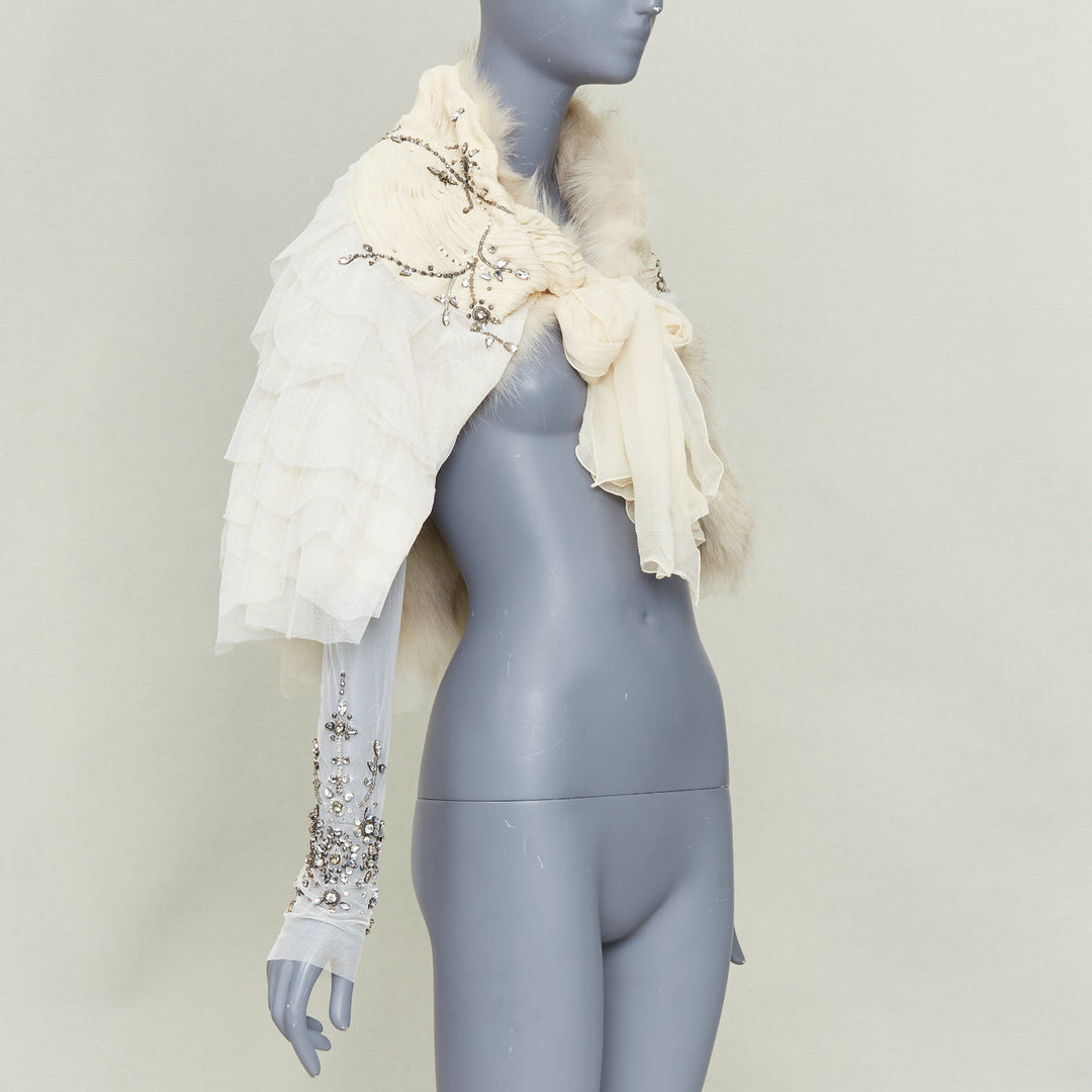 MAURIZIO PECORARO beige fur lined embellished chiffon mesh ruffle shawl IT40 S