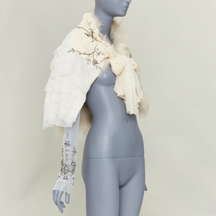 MAURIZIO PECORARO beige fur lined embellished chiffon mesh ruffle shawl IT40 S