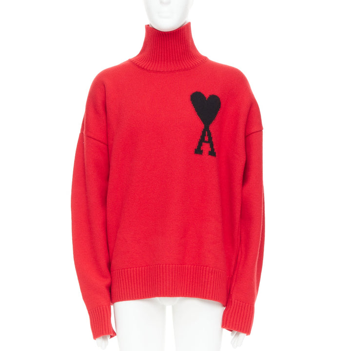 AMI de Coeur red virgin wool black heart logo turtleneck sweater L