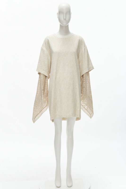 CHLOE 2019 Sandy Khaki speckle bohemian crochet sleeves layered dress FR40 M