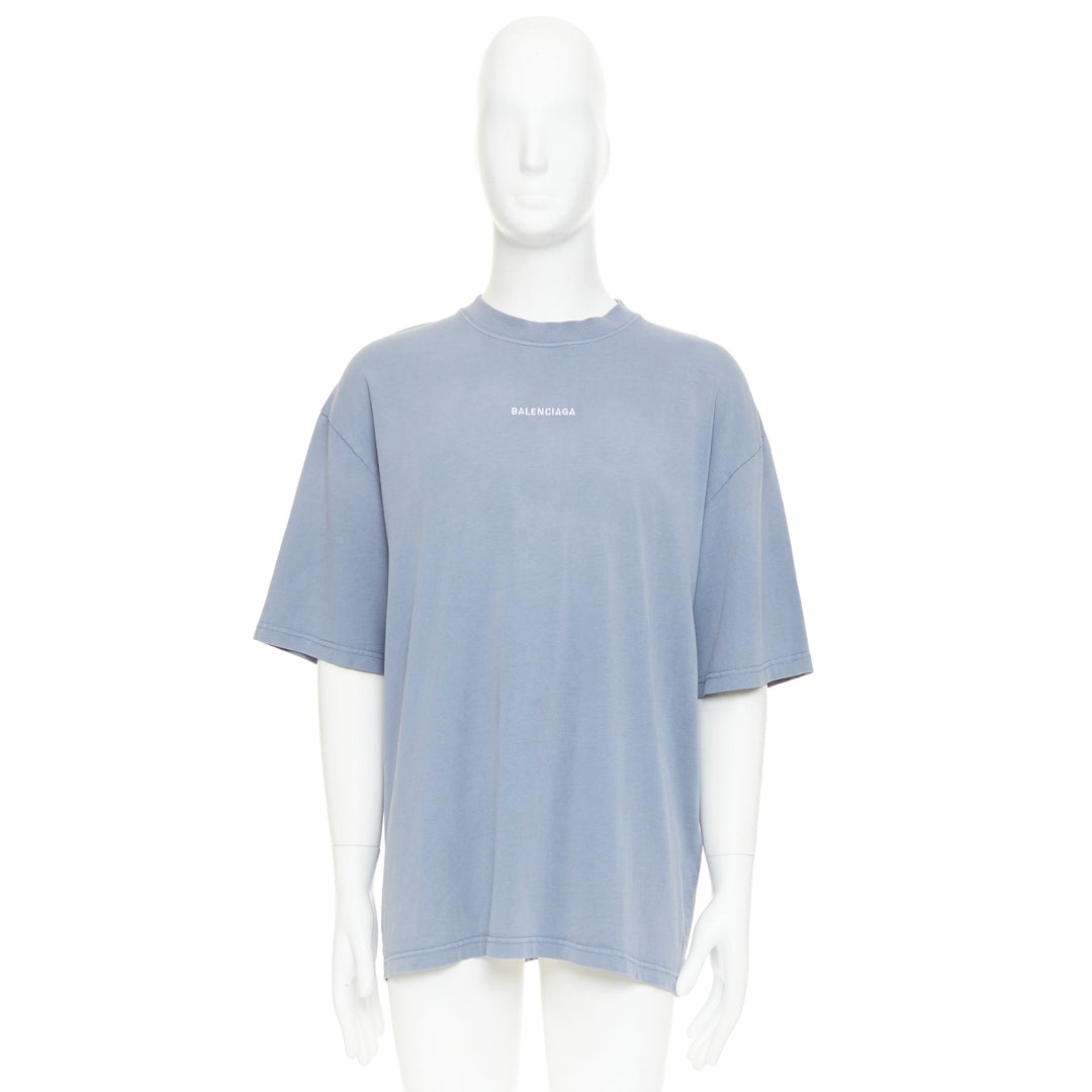 BALENCIAGA 2020 100% wool washed blue logo print crew neck oversized tshirt M