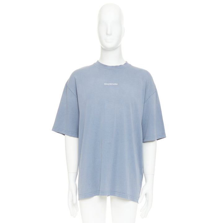 BALENCIAGA 2020 100% wool washed blue logo print crew neck oversized tshirt M