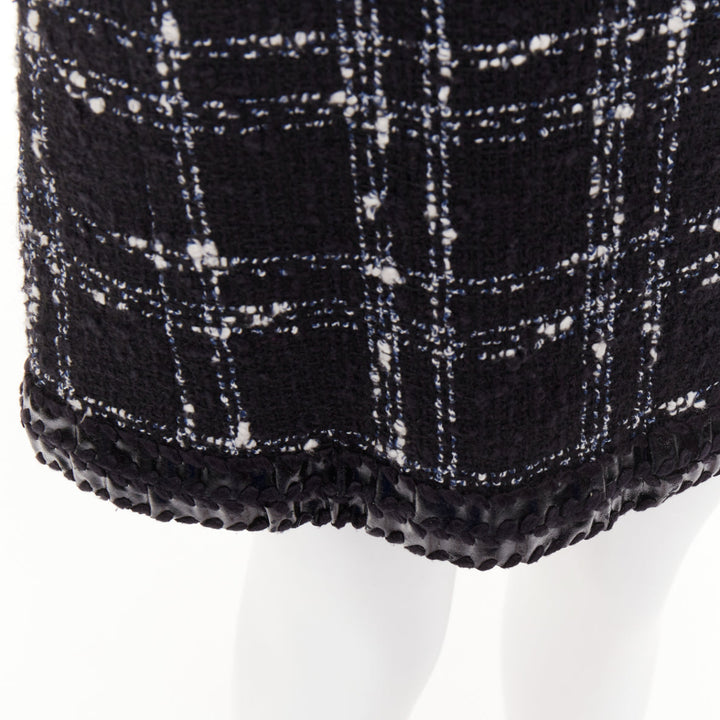 CHANEL 2007 black white check plaid bow collar fringe tweed dress FR36 S