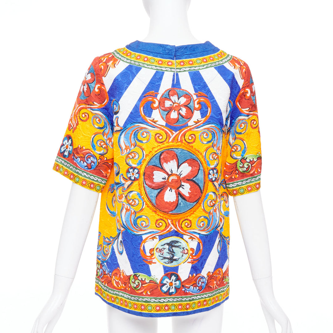 DOLCE GABBANA Carretto Siciliano yellow blue print jacquard tunic top IT40 S