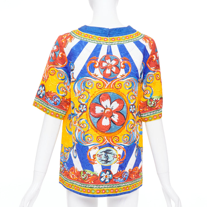 DOLCE GABBANA Carretto Siciliano yellow blue print jacquard tunic top IT40 S