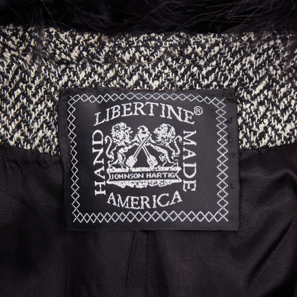 LIBERTINE handmade black white feather collar herringbone tweed jacket