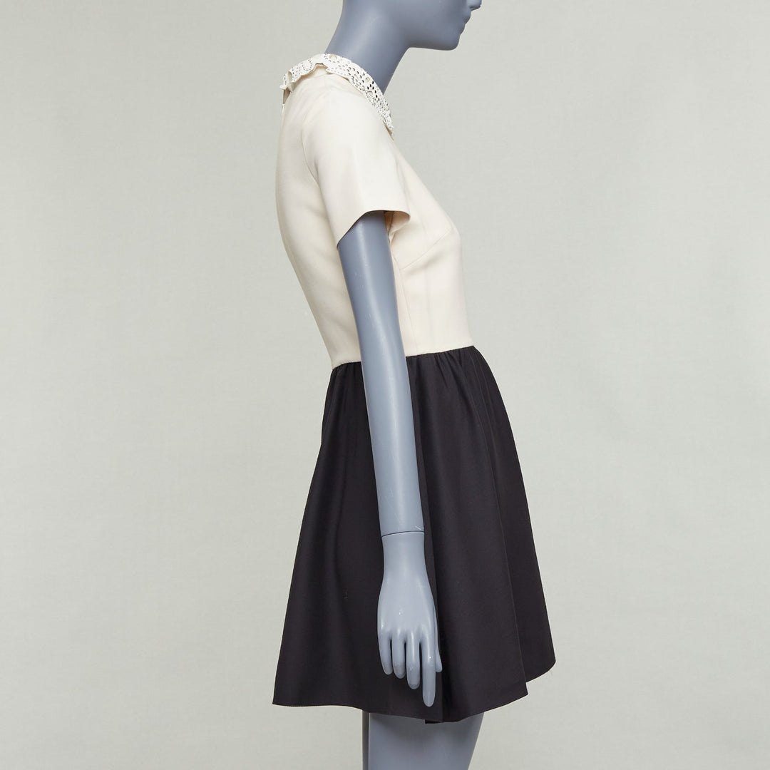 VALENTINO cream black silver studded leather collar bicolor cocktail dress